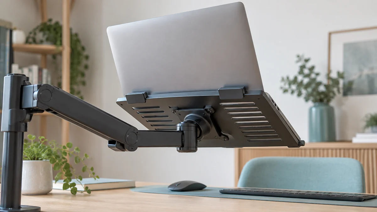 モニターアーム用ノートPCトレーの取付条件を考えるためのAI生成イメージ