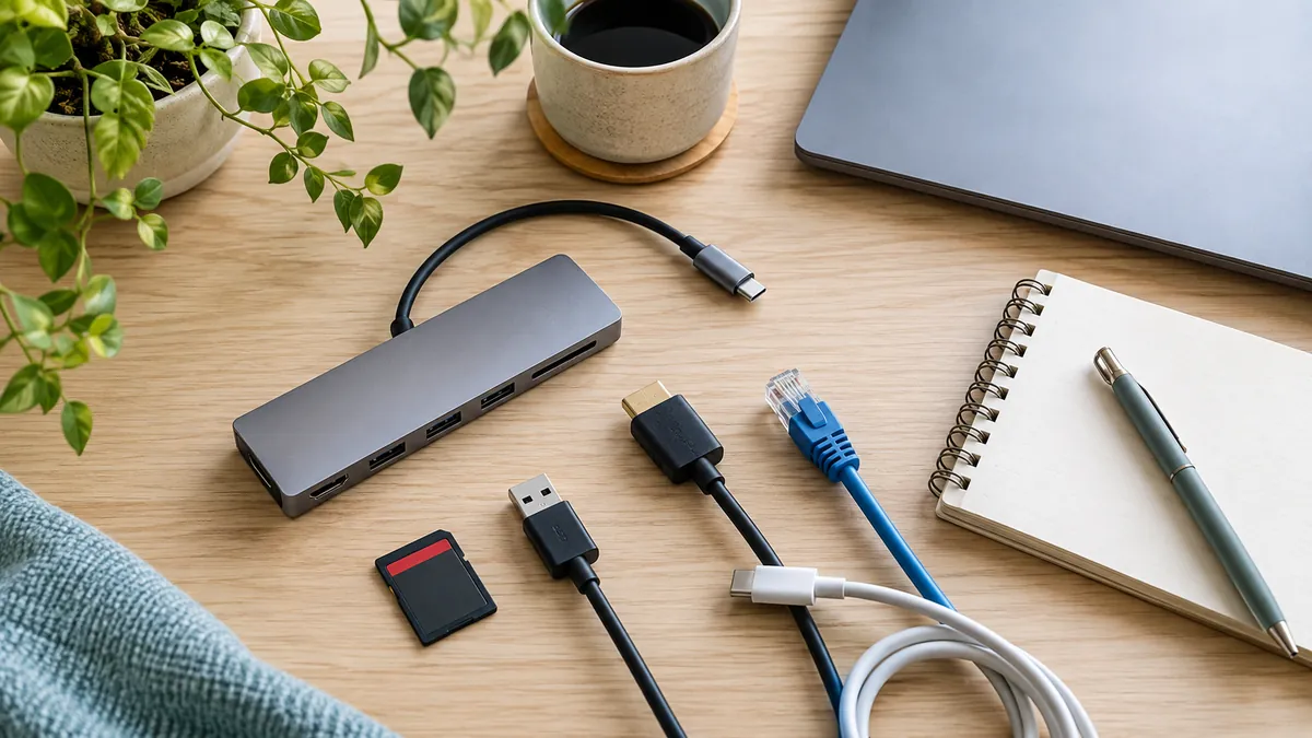 USB-Cハブに接続する端子と周辺機器を整理するAI生成イメージ